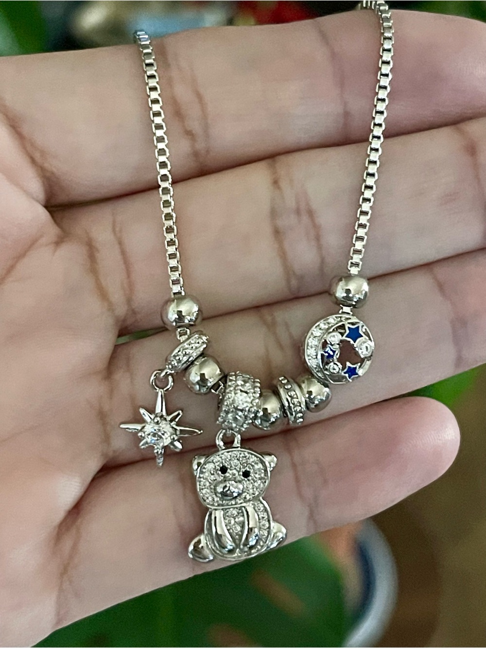 Silver Teddy Bear Charm bracelet with Star & Moon Accents